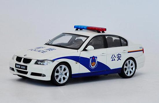 Diecast BMW 330i Model 1:18 Scale White-Blue Police By Welly